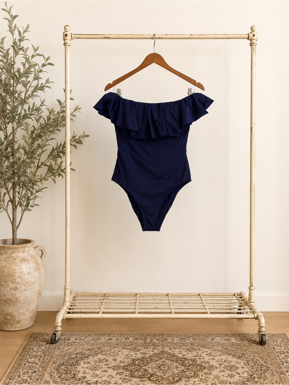 Trina Turk Navy Off-Shoulder Ruffle One-Piece
